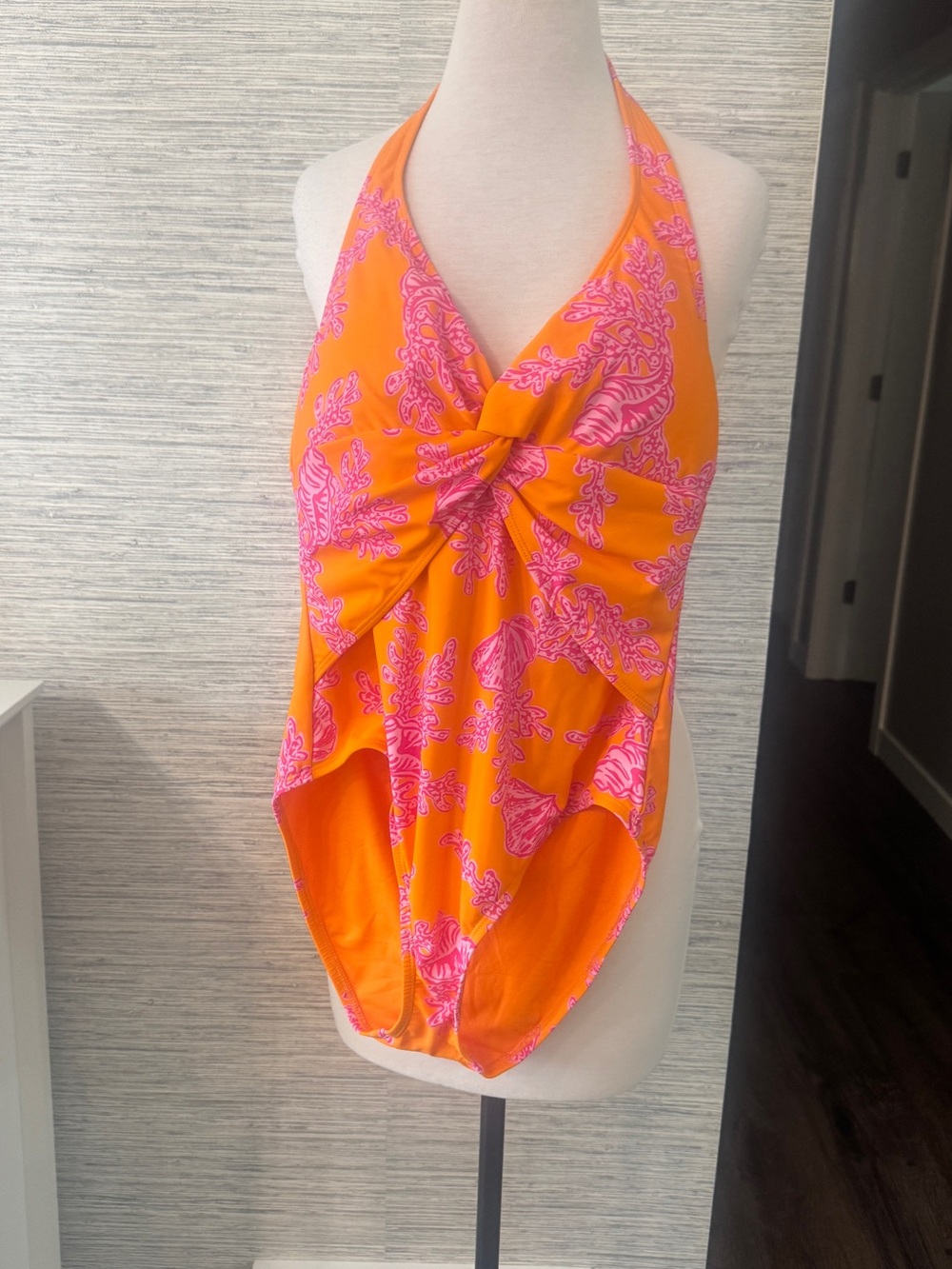 Ellen Tracy Orange One-Piece halter Swimsuit with Pink coral print Sz 10